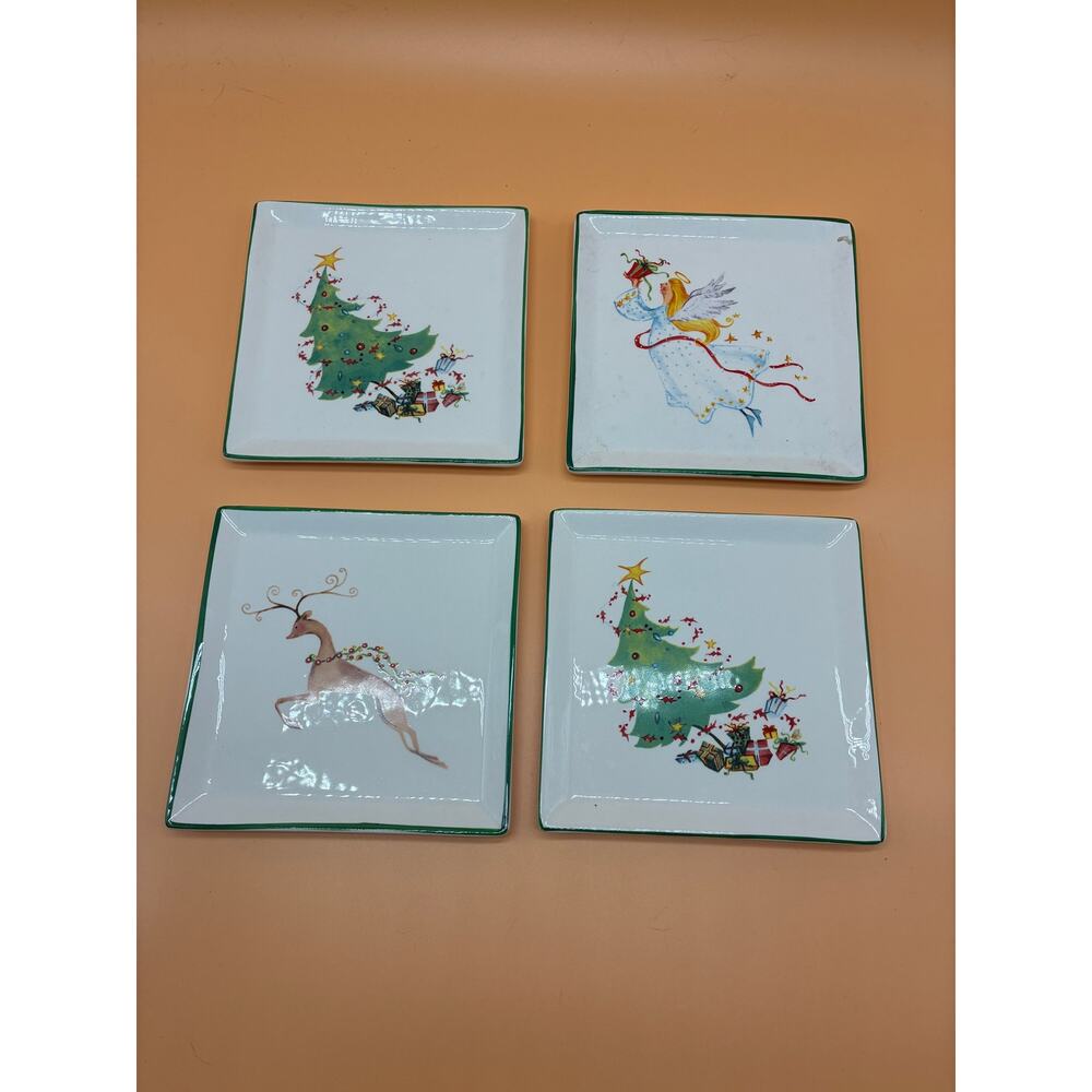 Set of 4 Christmas Visions by Blitzen & Co. Square Snack/Appetizer Plates